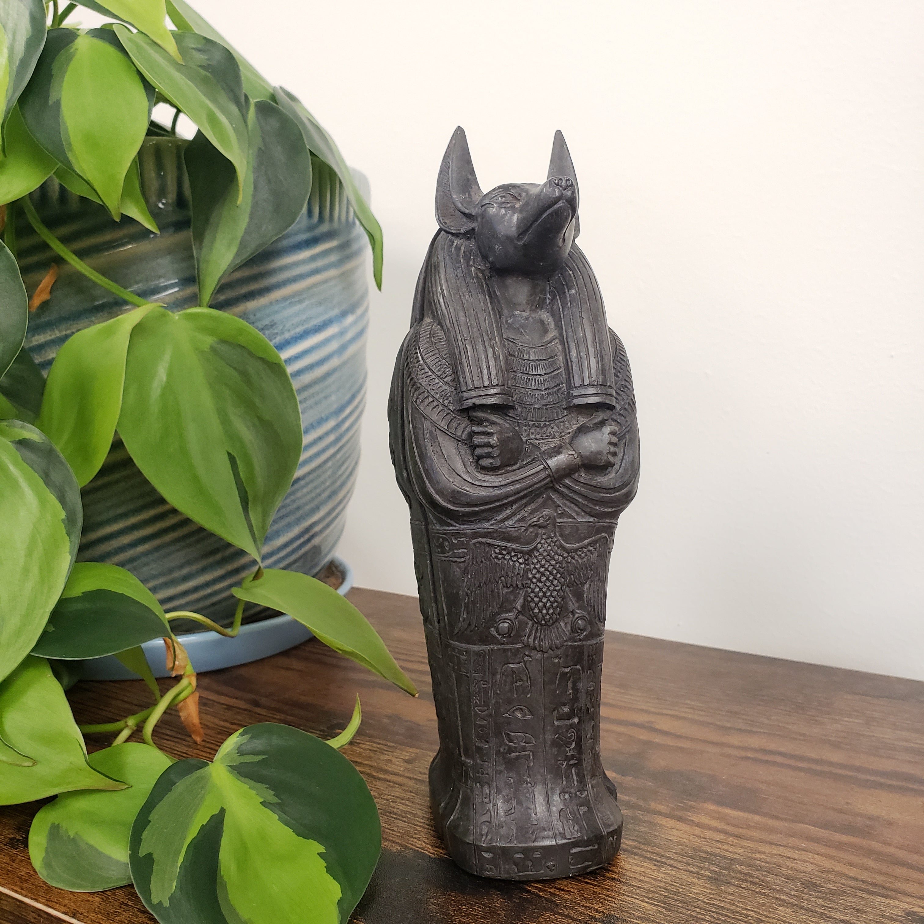 Decorative Anubis sculpture with green plants in the foreground.