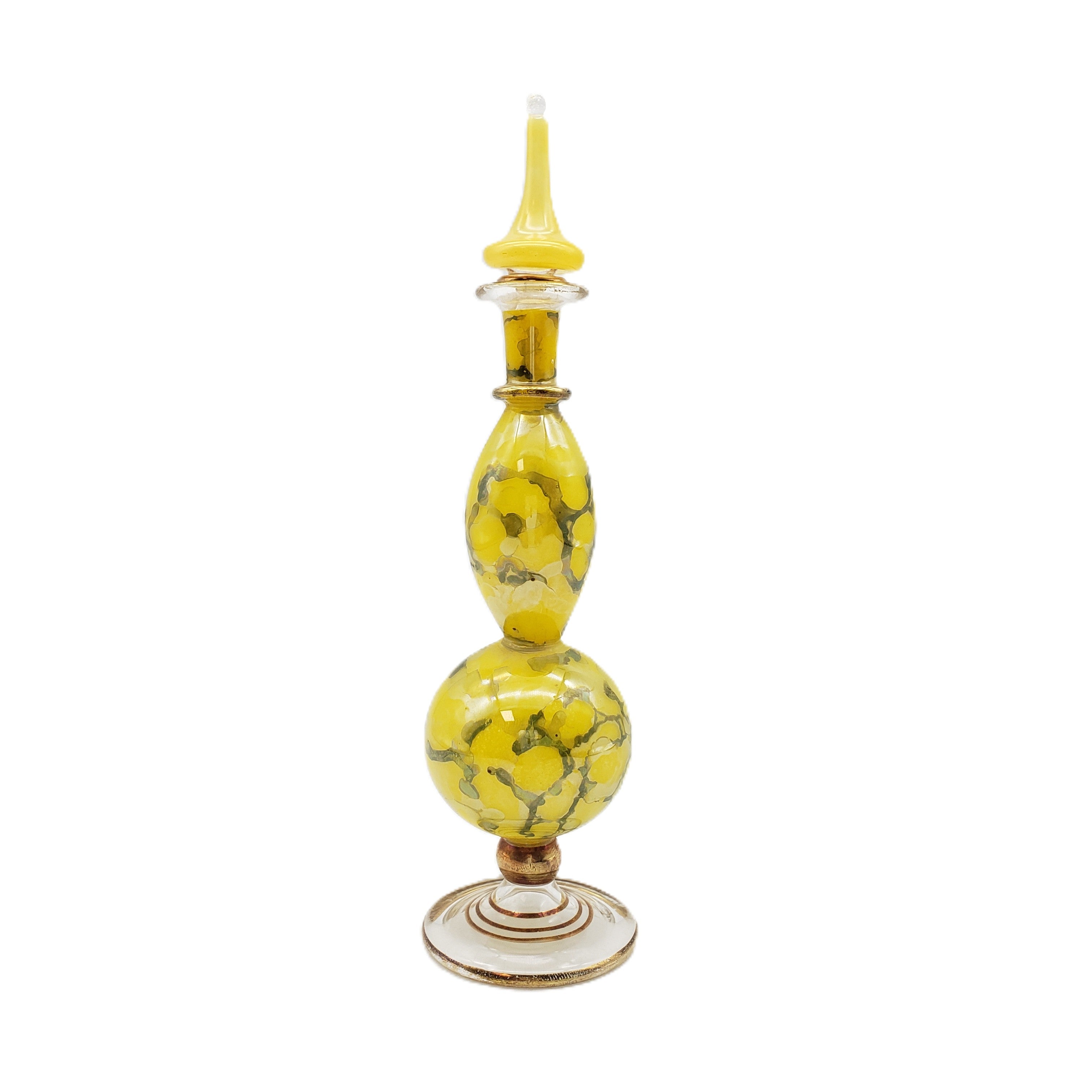 Decorative bottle with yellow marbled design on a white background