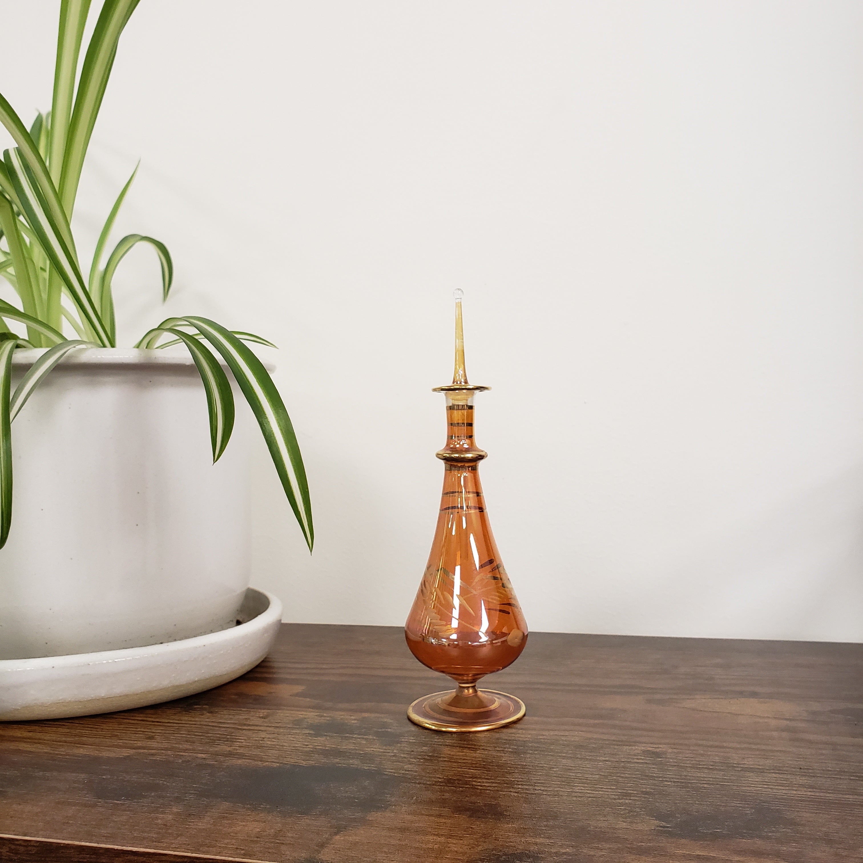 Decorative glass vase on a wooden surface with a plant in the foreground