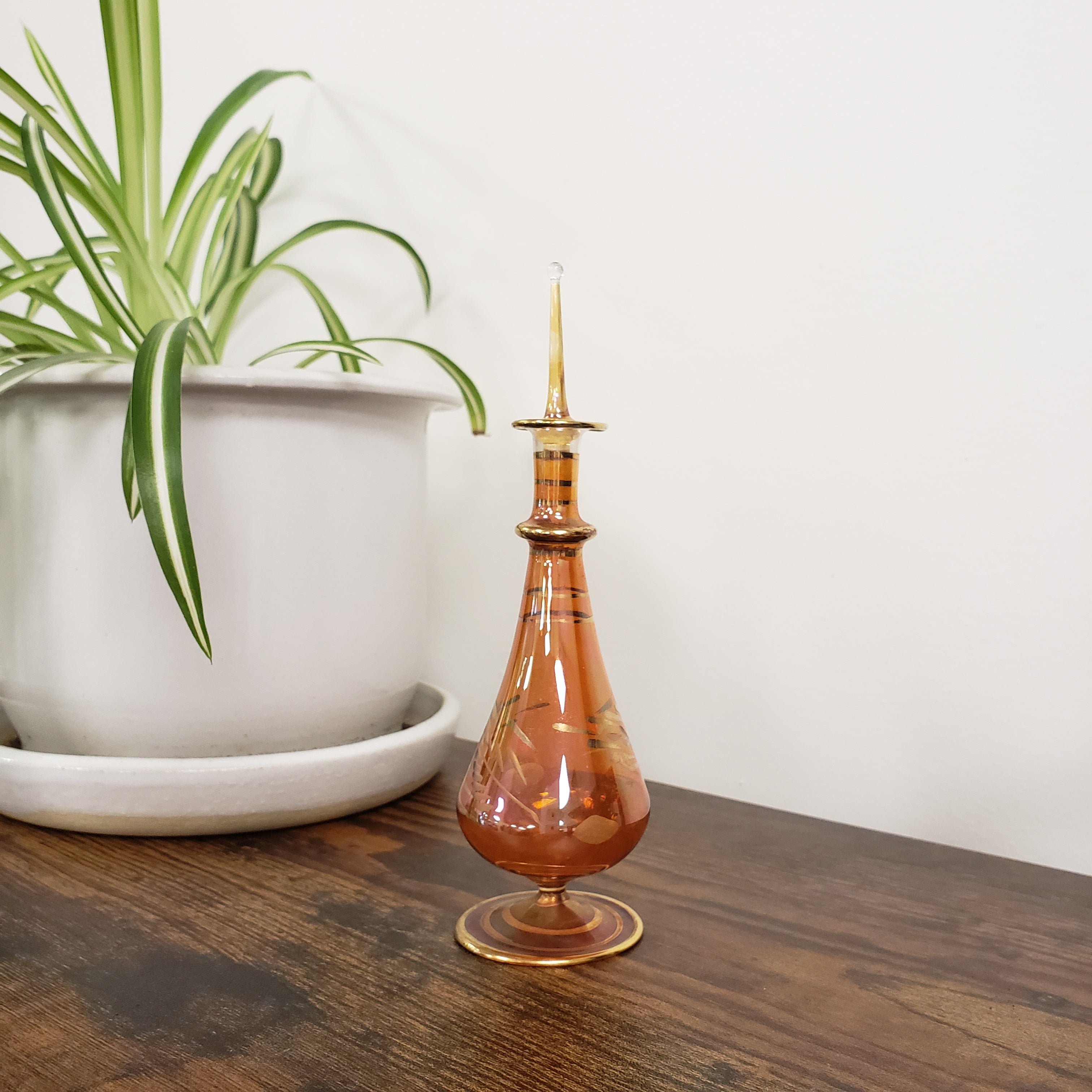 Decorative glass object on a wooden surface with a plant in the background