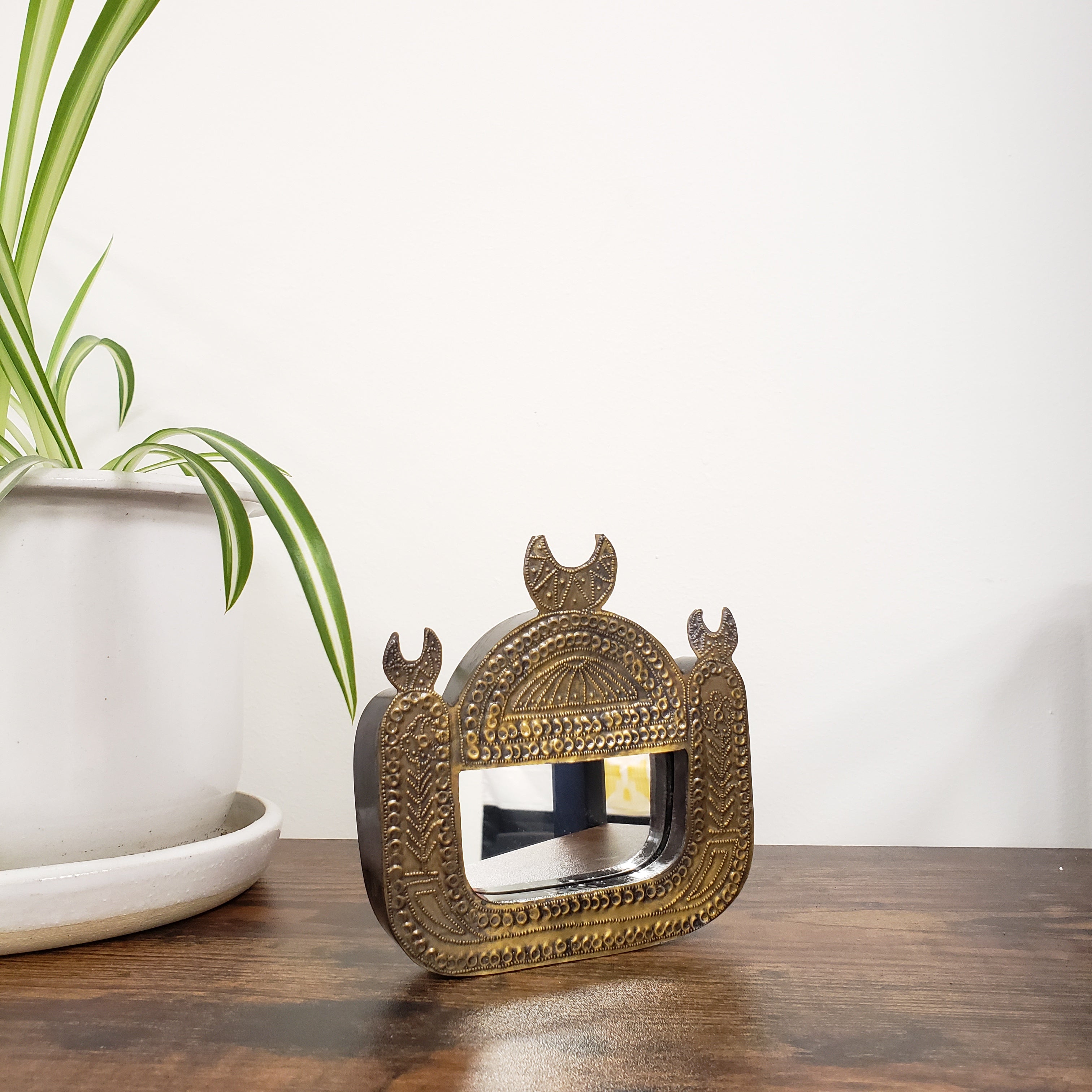 Decorative metallic object on a white surface with a plant in the foreground