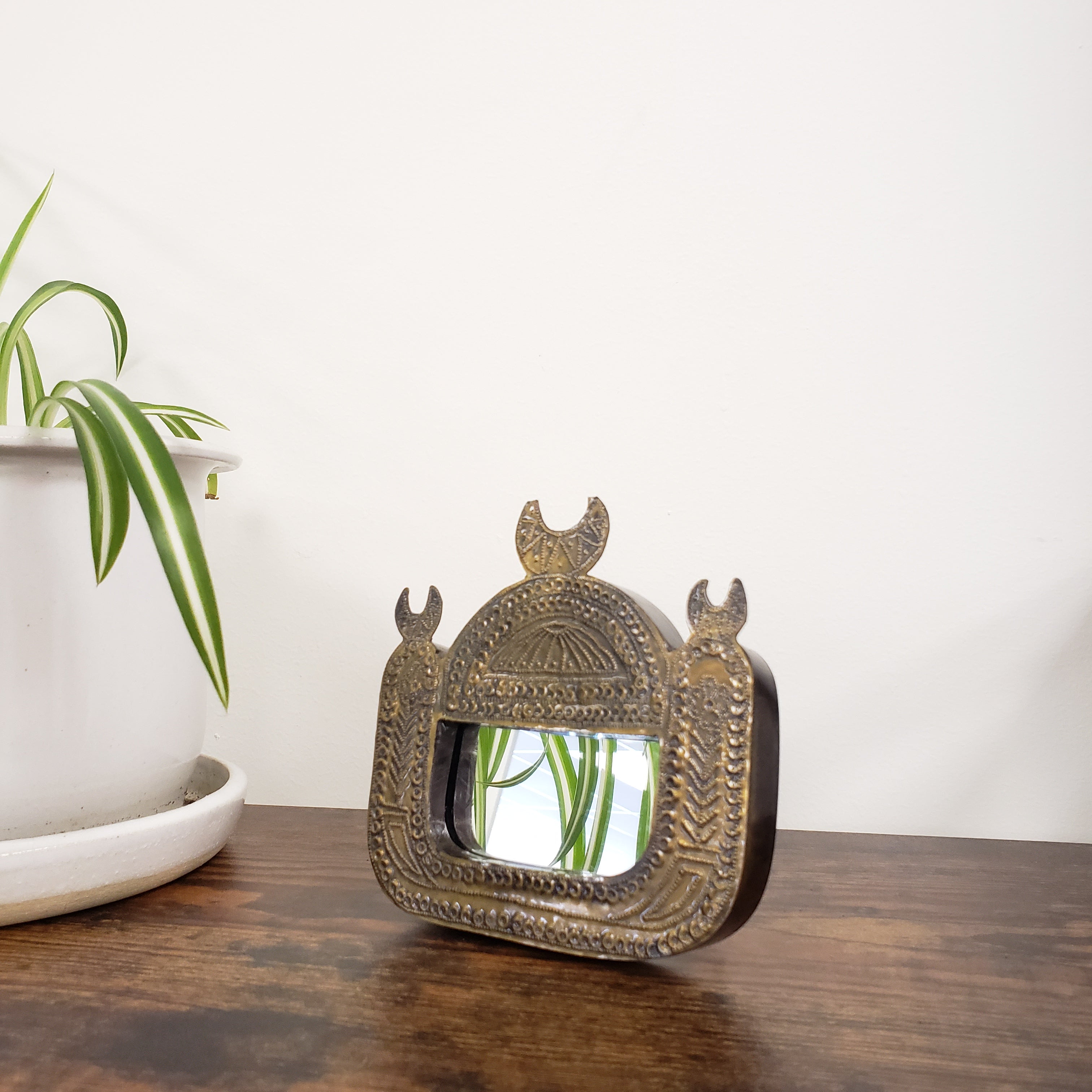 Decorative brass framed mirror on a white wall with a plant in the background