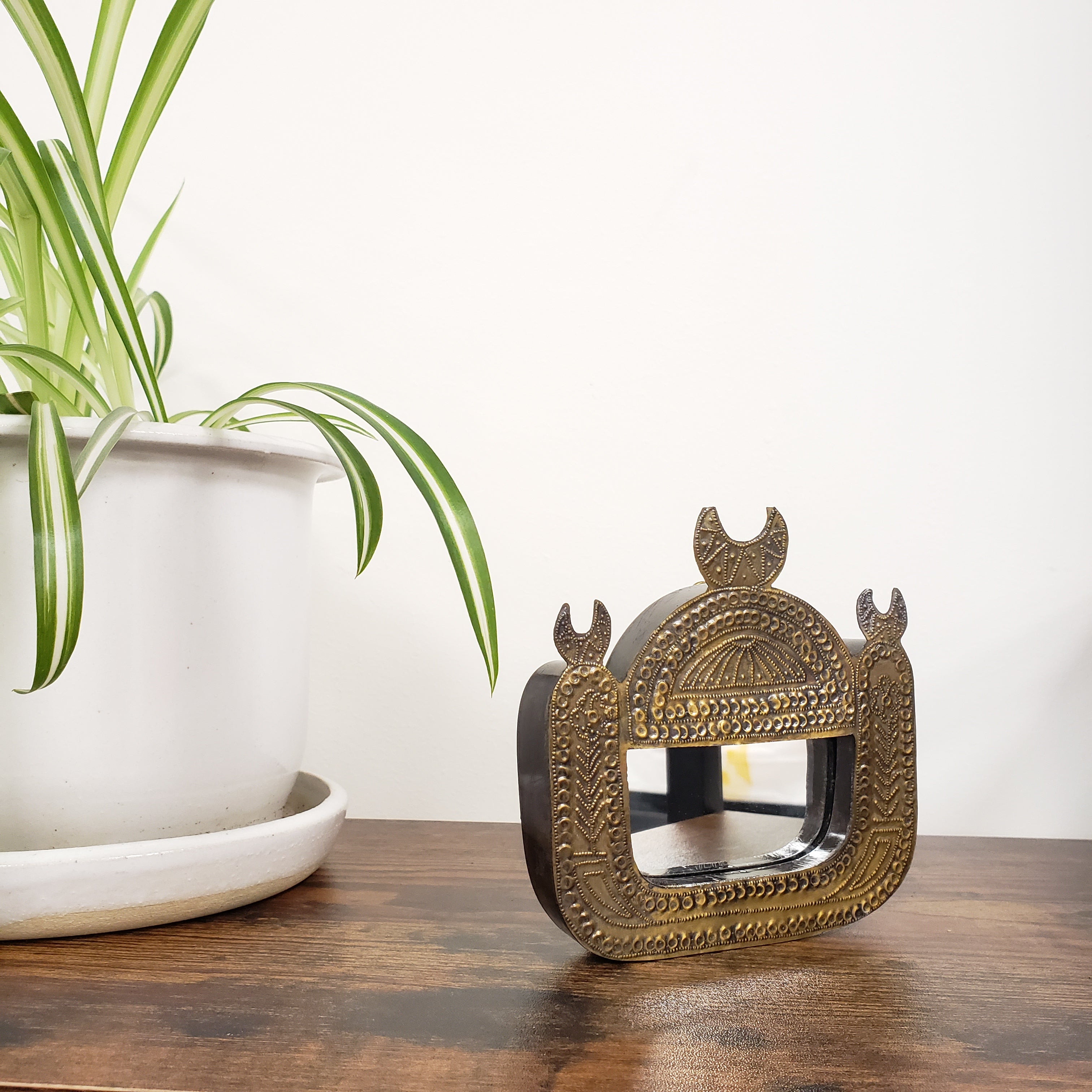 Decorative brass framed mirror on a wooden surface with a plant in the foreground
