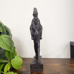 Decorative black statue on a wooden shelf with green leaves in the foreground