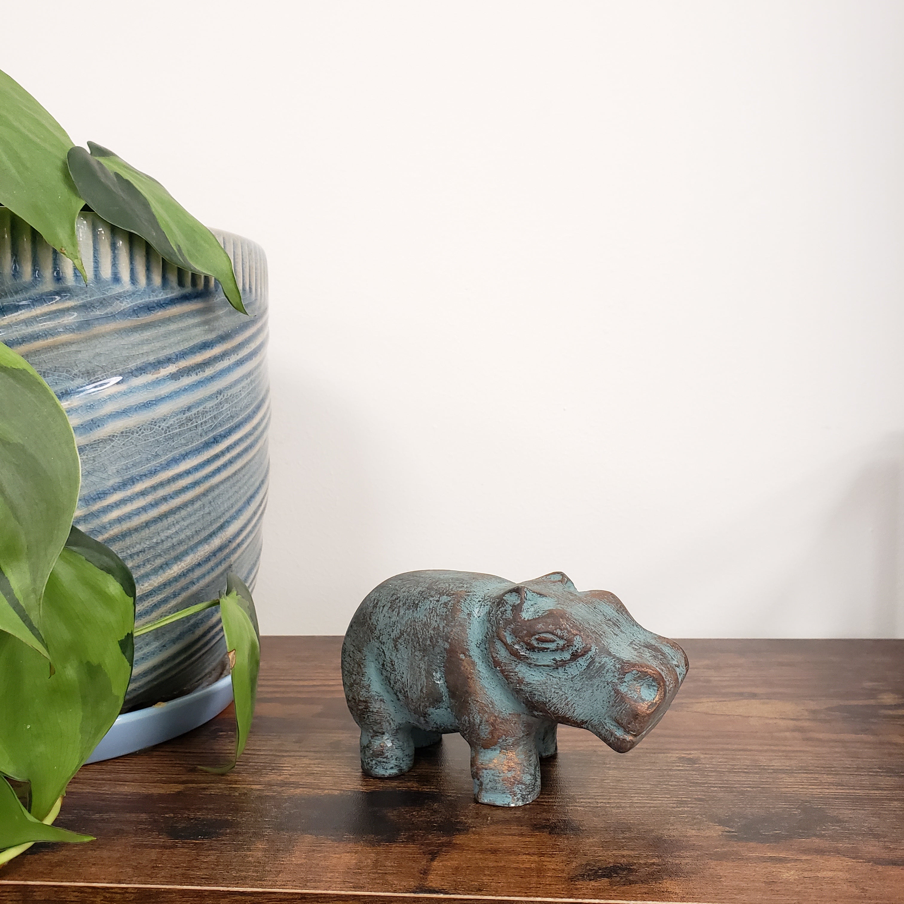 Decorative hippo statue on a wooden door with a plant in the foreground.