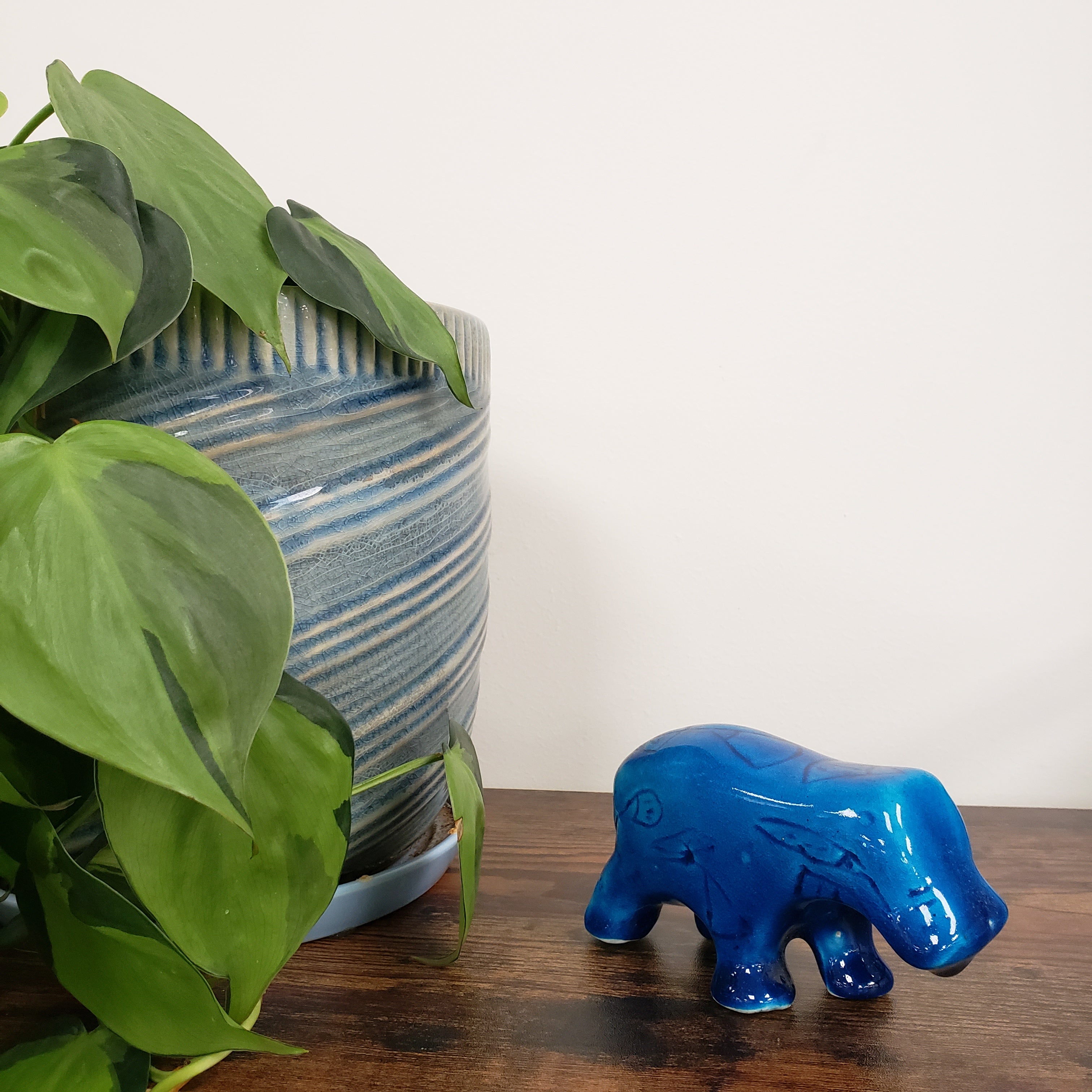 Blue hippo figurine on a wooden surface with green leaves in the foreground