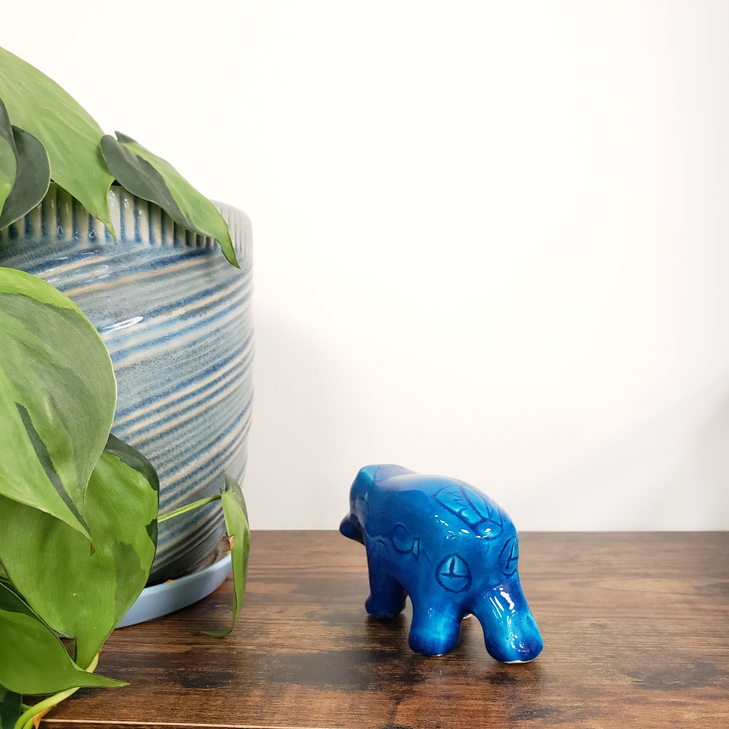 Blue hippo figurine on a wooden surface with plants and a striped fabric in the foreground.