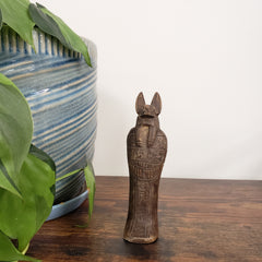 Wooden Anubis figure on a wooden surface with a plant and ceramic pot in the background.