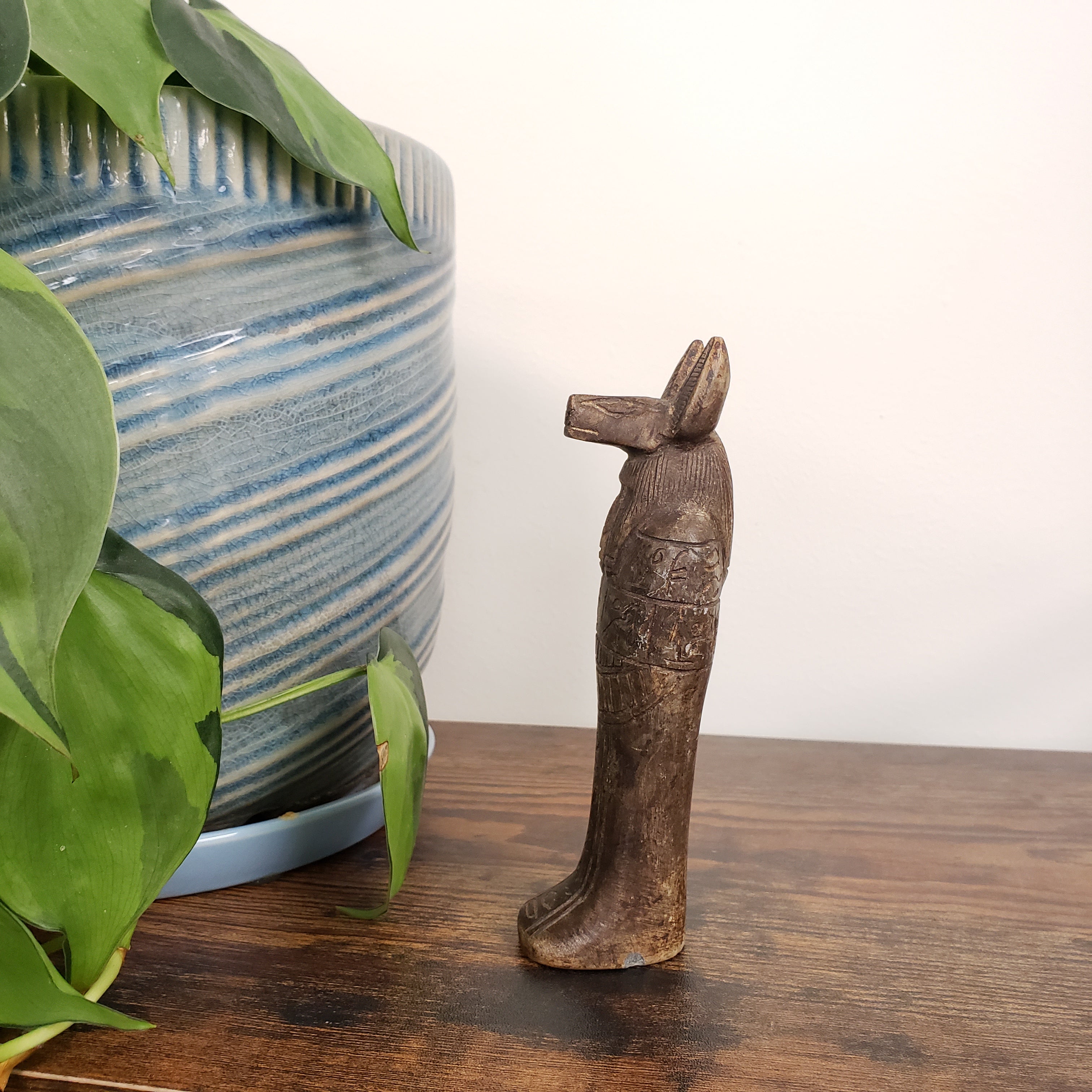Decorative Egyptian Anubis statue mounted on a wooden wall with plants and a striped container in the foreground.