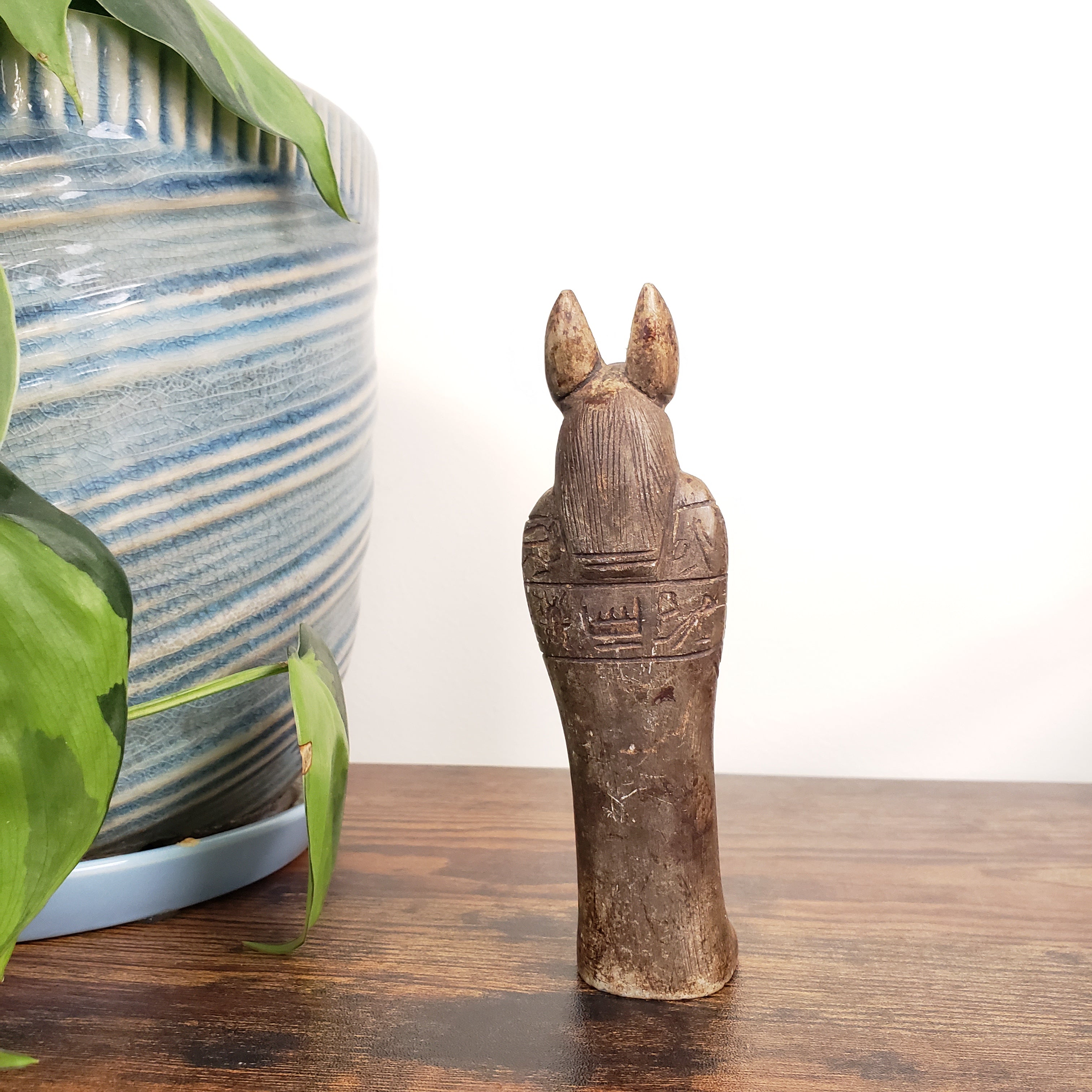 Decorative Egyptian-style amulet on a wooden surface with a plant and striped vase in the background.