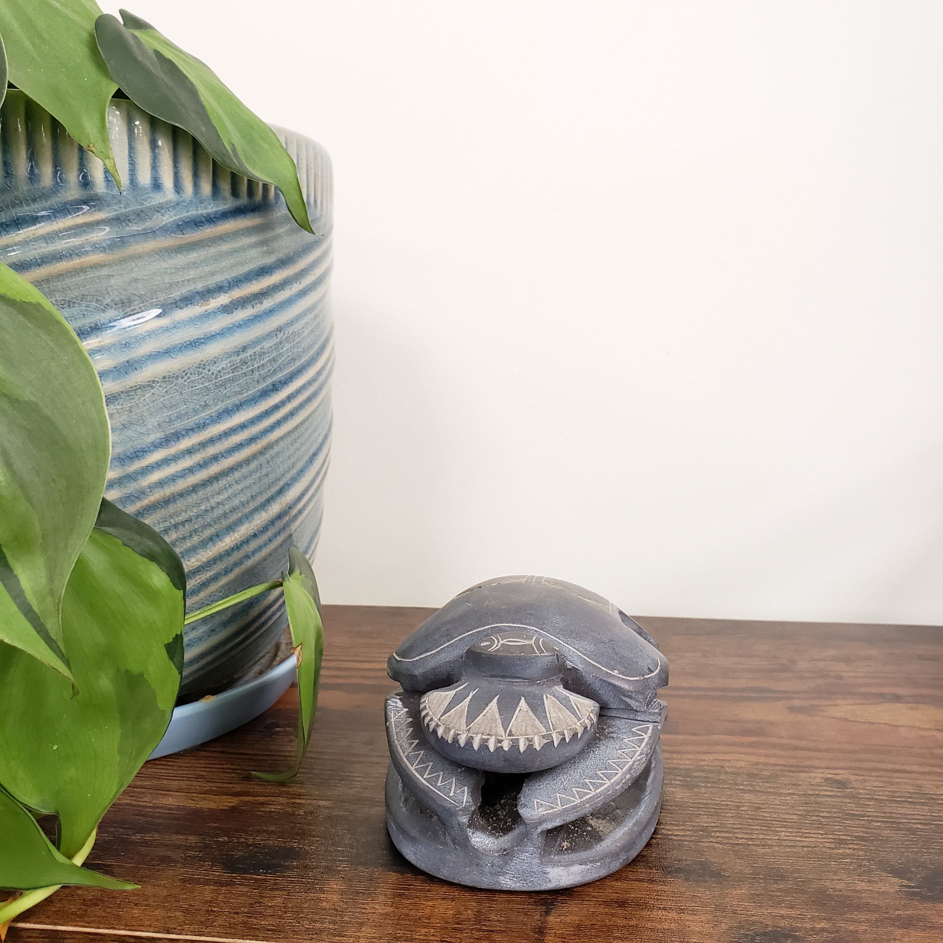 Decorative sculpture of a scarab on a wooden door with a striped pillow and green leaves in the foreground.