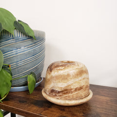 Decorative alabaster votive holder on a white wall with a plant in the foreground