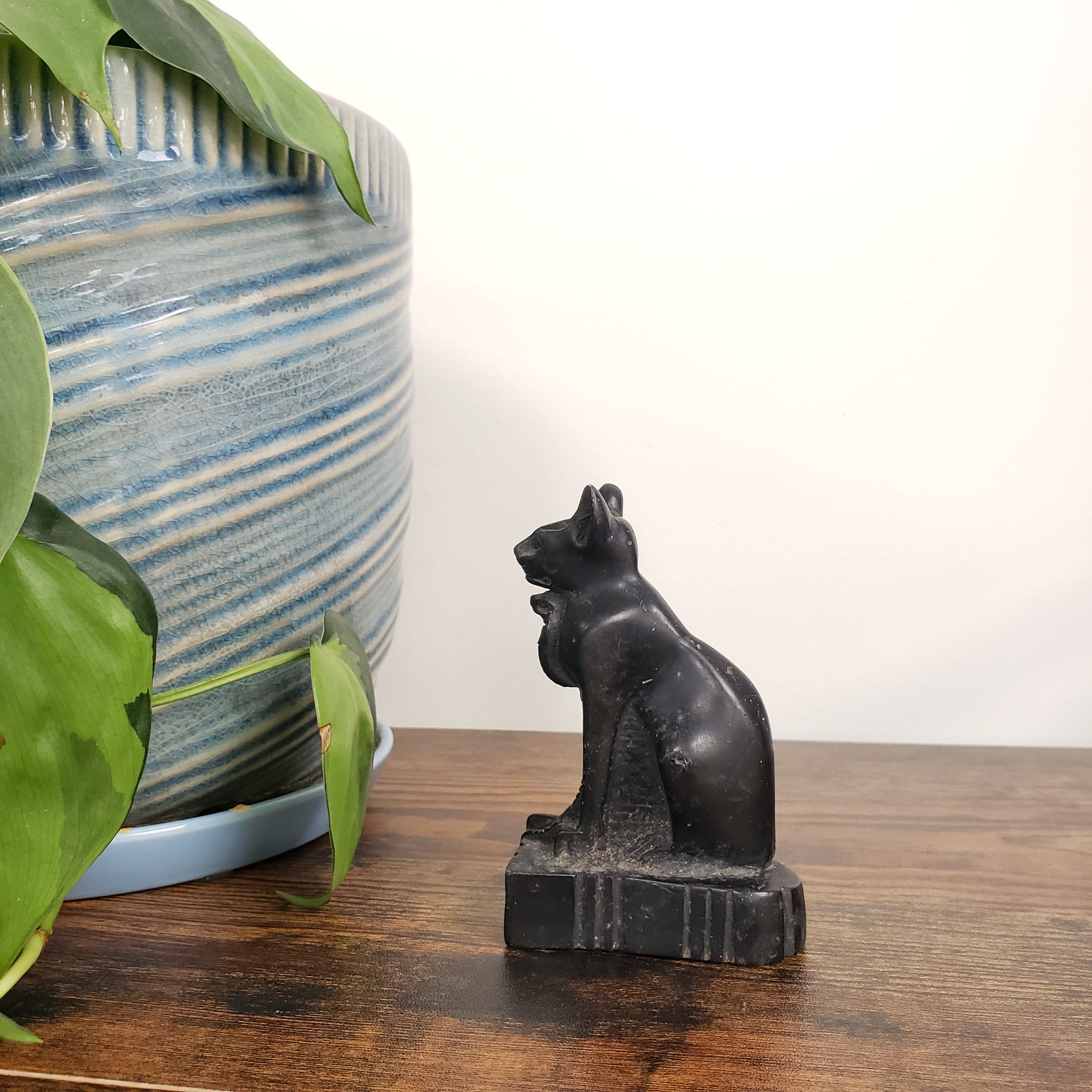 Decorative black animal figure on a wooden surface with a plant in the foreground