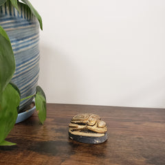 Decorative gold scarab statue on a wooden panel with plants and striped fabric in the background