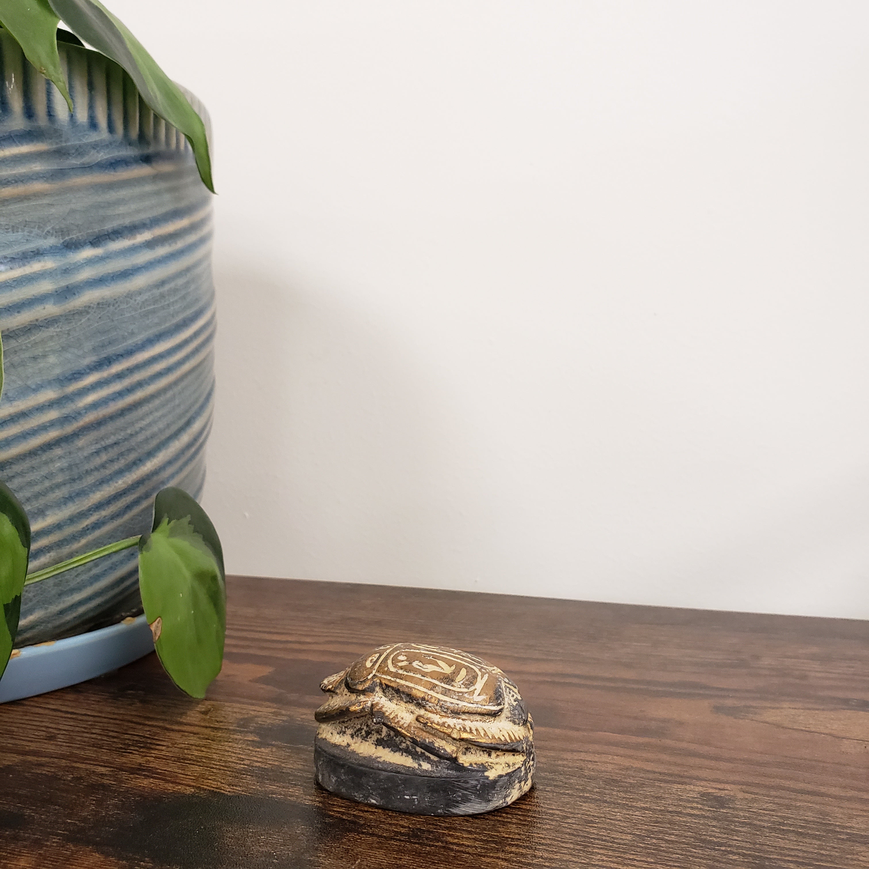 Decorative gold scarab statue on a wooden door with a plant and striped fabric in the foreground.