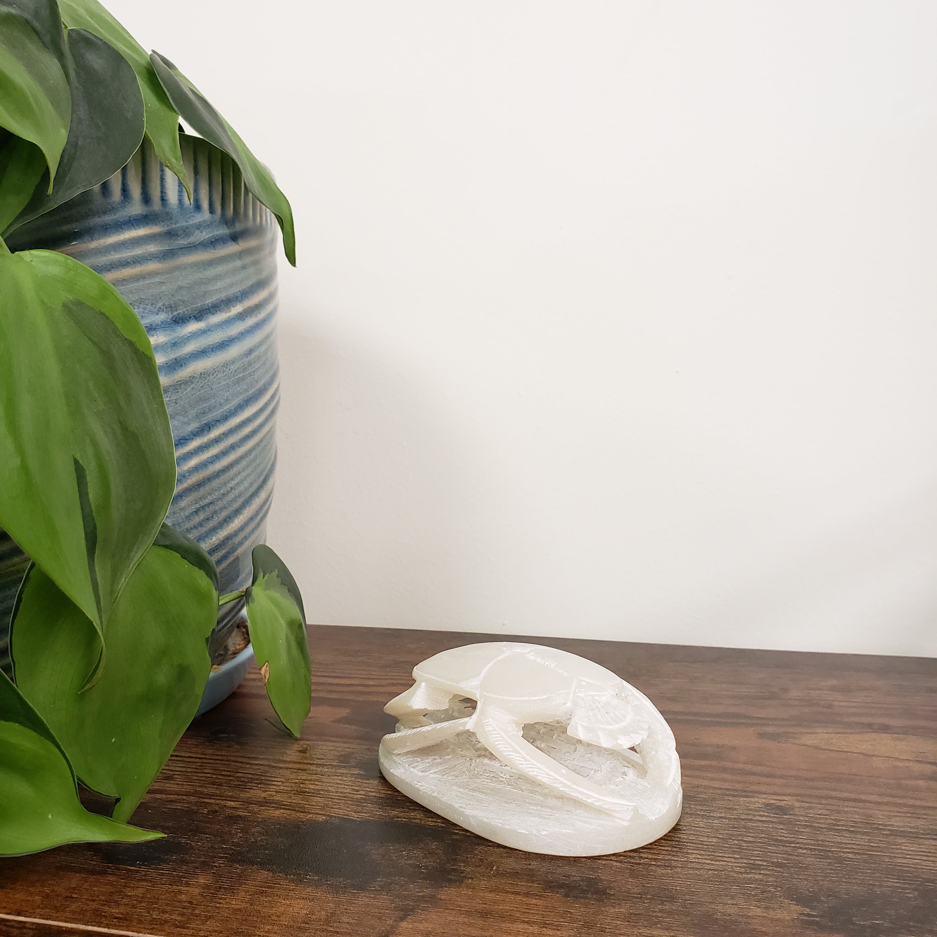 Decorative White soapstone scarab statue on a wooden surface with green leaves in the foreground