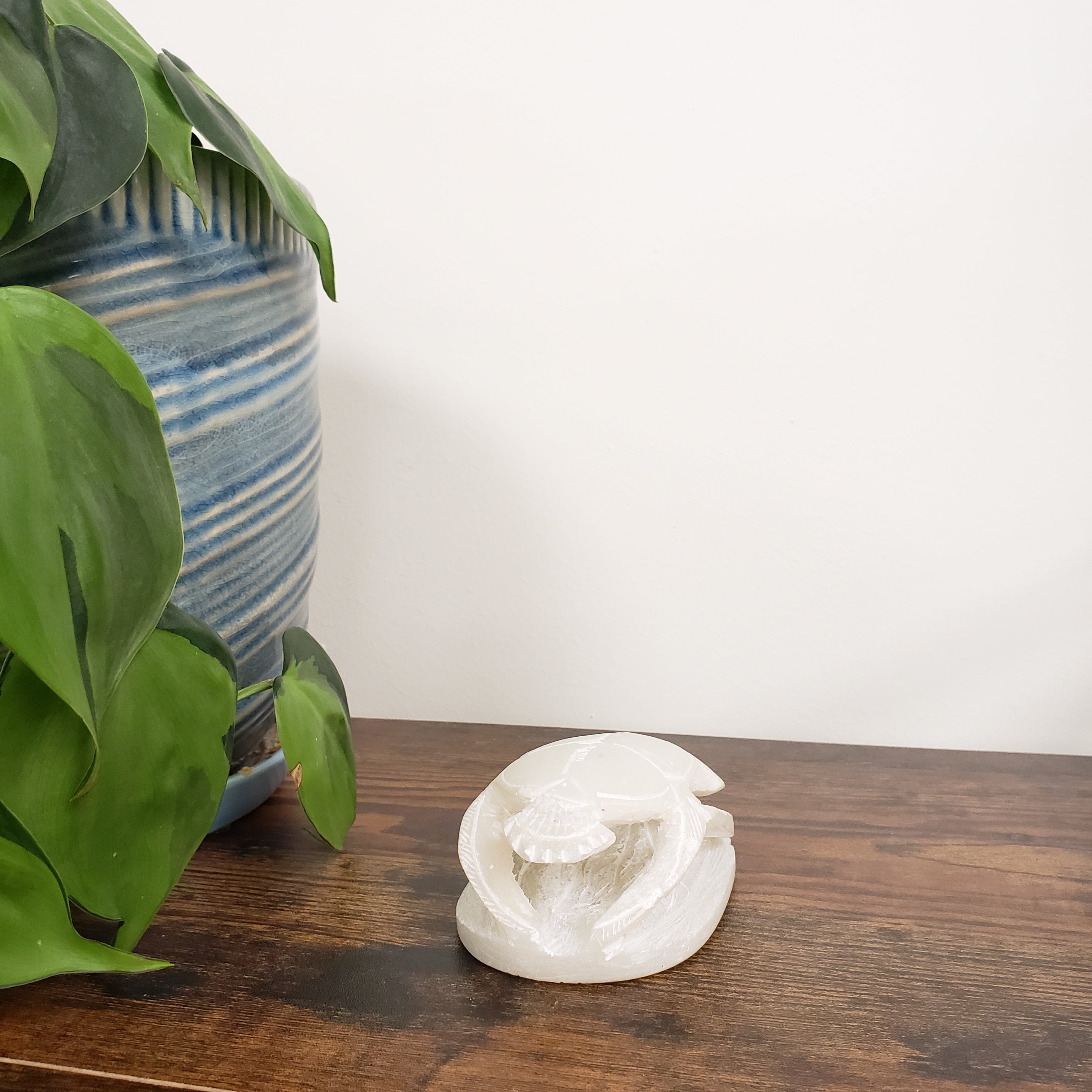 Decorative white soapstone scarab statue on a wooden panel with green leaves and a striped pillow in the background.