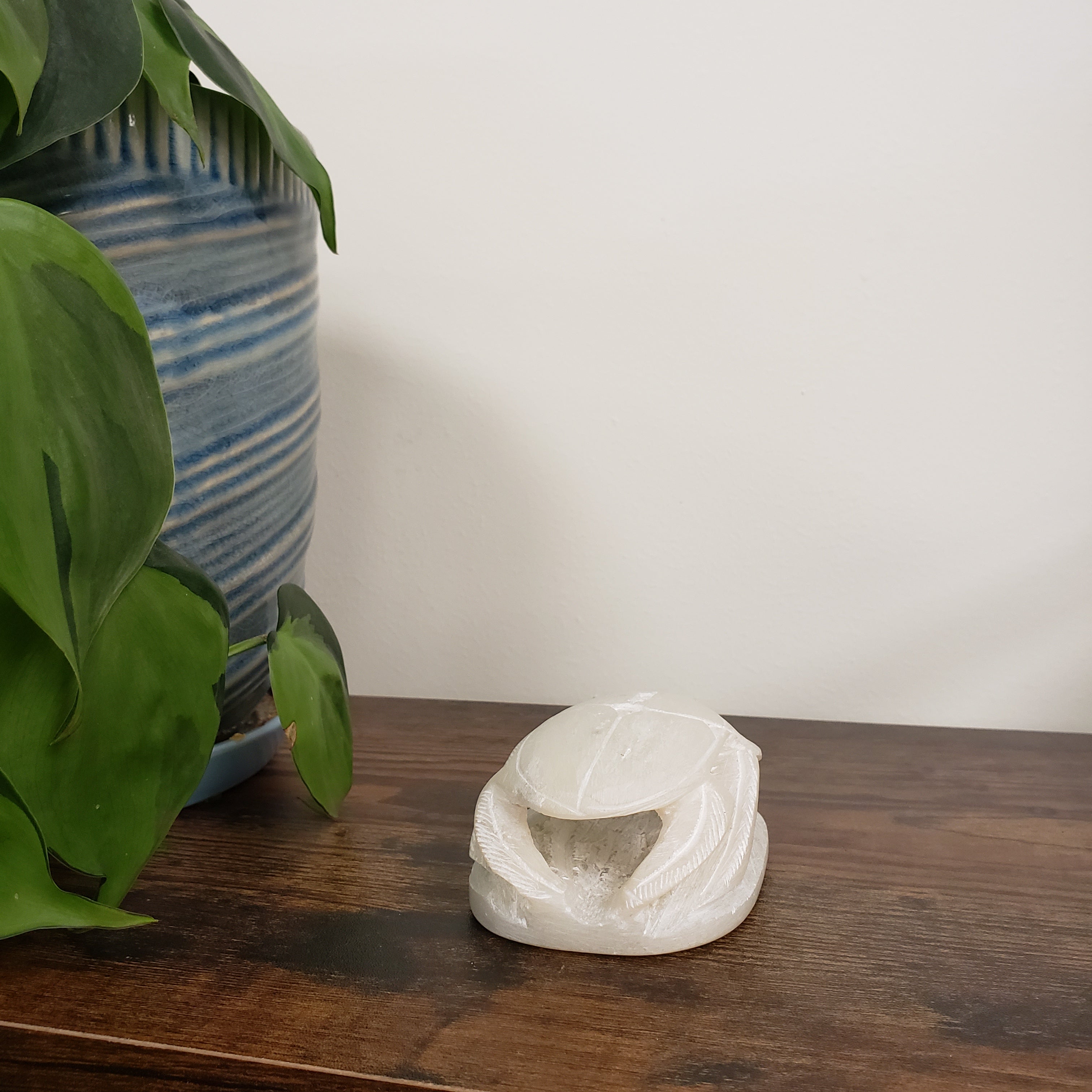 Decorative White soapstone scarab statue on a wooden surface with plants in the foreground.