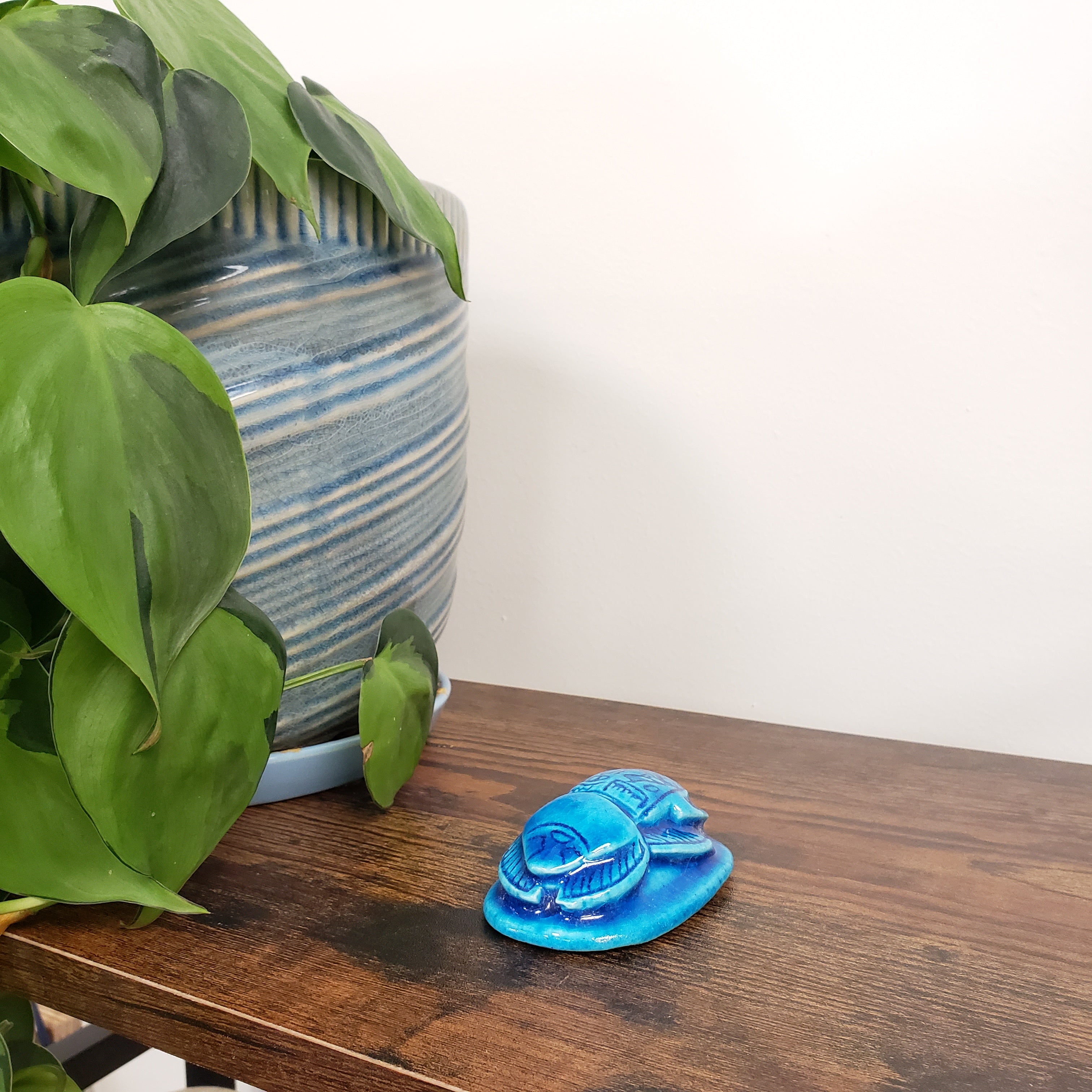 Blue ceramic scarab beetle on a wooden door with green leaves in the foreground