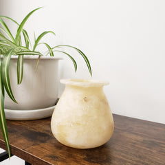 Small beige ceramic vase on a wooden surface with a plant in the foreground