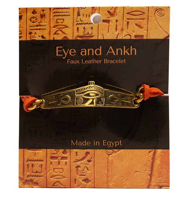 Egyptian Eye and Ankh Bracelet - Brass and Faux Leather