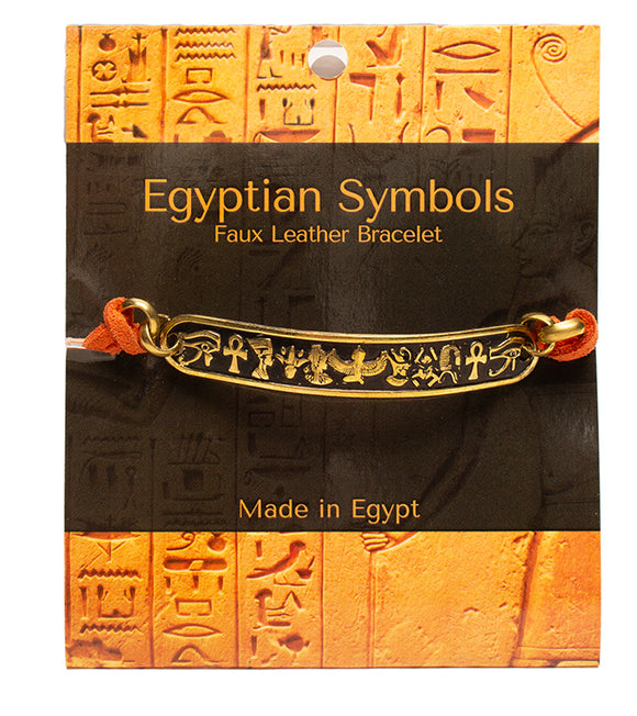 Egyptian Symbols Bracelet - Brass and Faux Leather