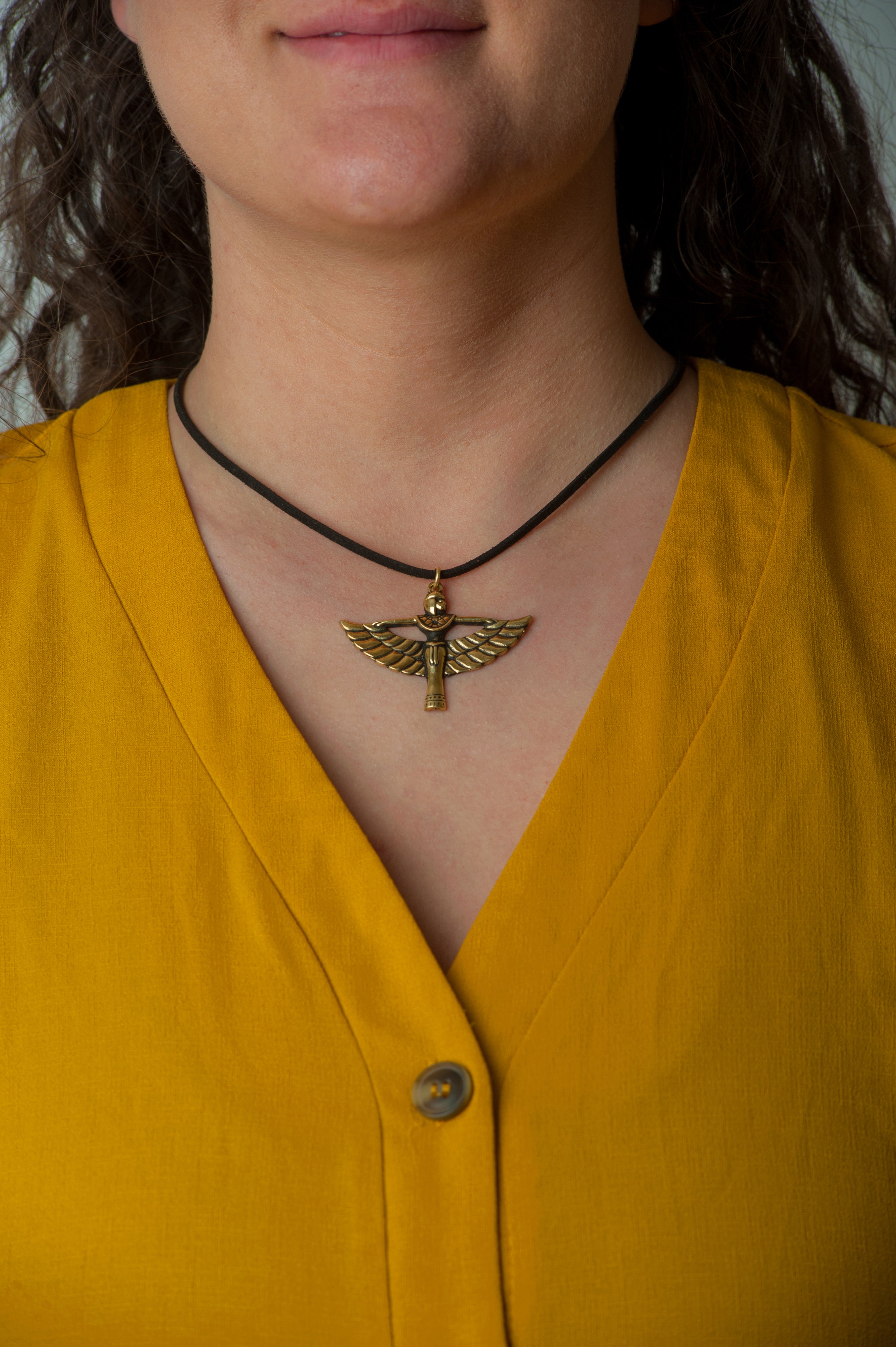 Egyptian Isis Pendant Necklace - Brass and Faux Leather