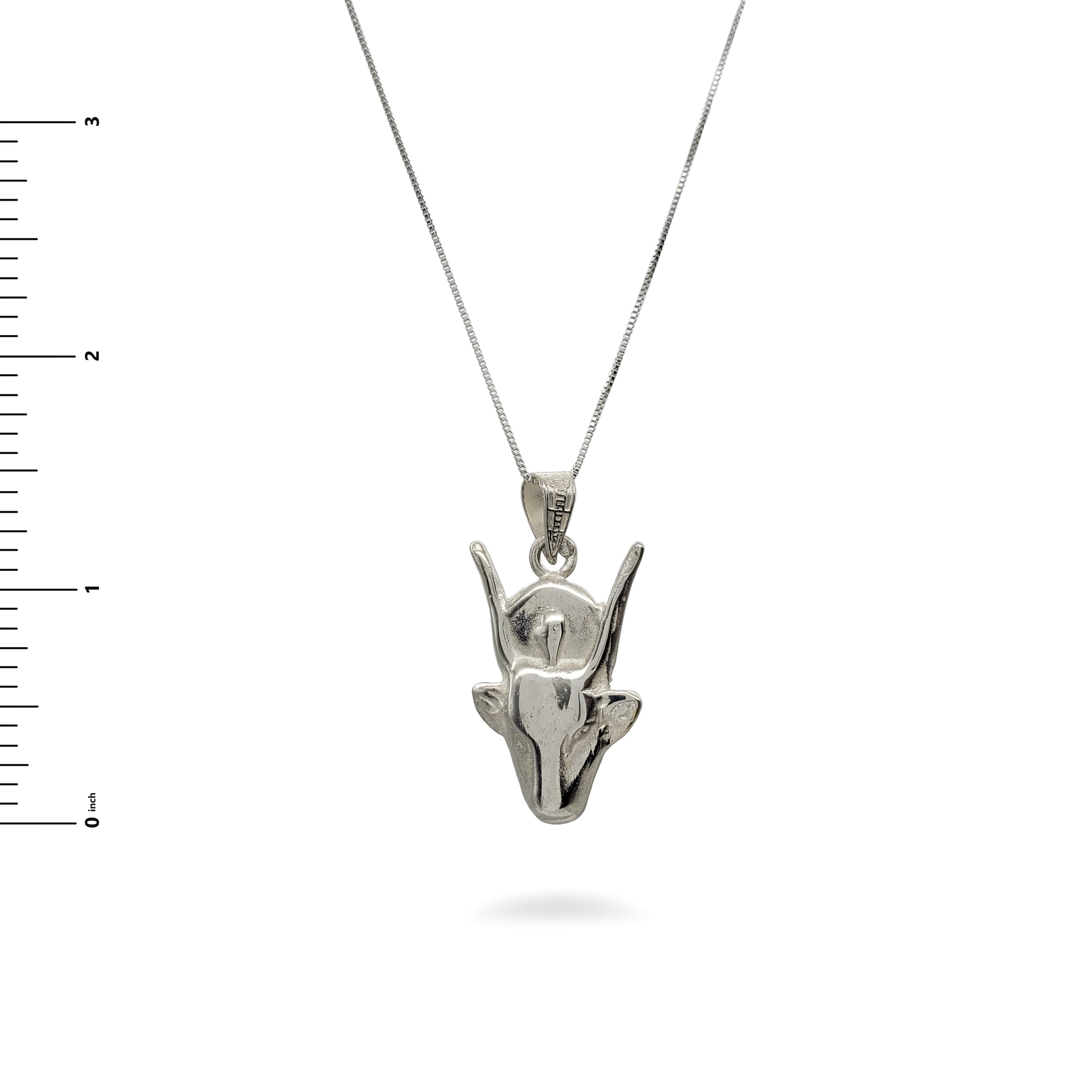 Silver pendant necklace on a white background with a ruler for scale.