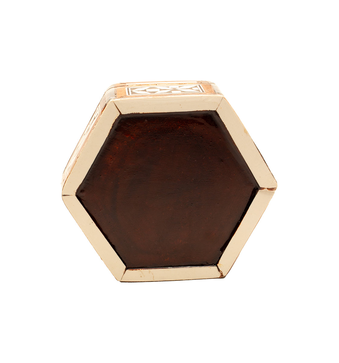 Exclusive jewelry box hexagonal with rich inlays made of online mother-of-pearl and fine woods.