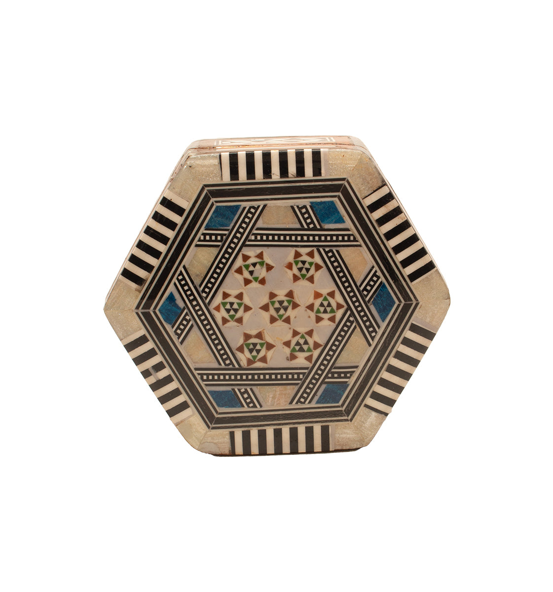 Jewelry box in store hexagonal shape with rich inlays of pearl and noble woods.