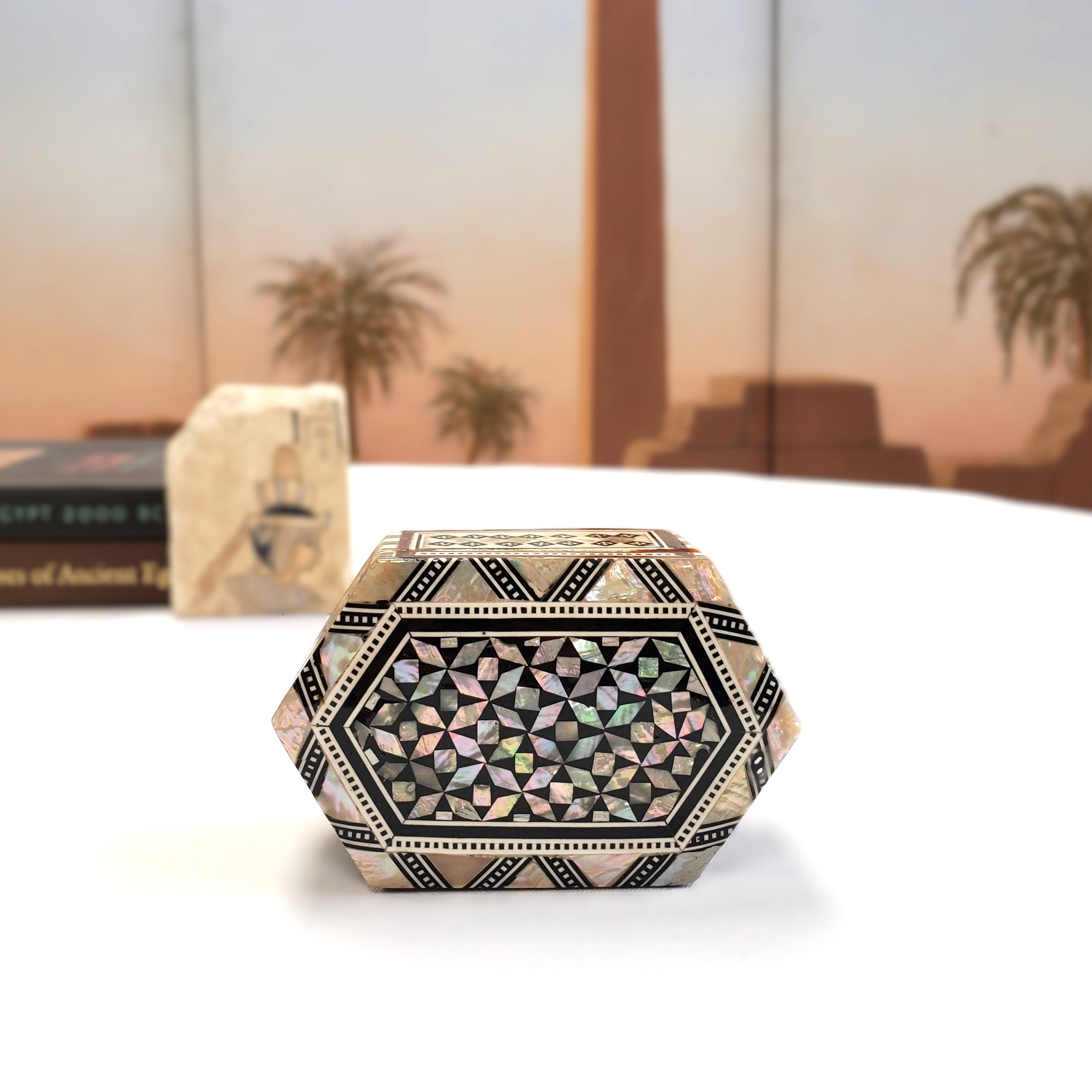 Egyptian Hexagon Wooden Jewelry Box With Mother Of Pearl Inlay egyptian-hexagon-wooden-jewelry-box-with-mother-of-pearl-inlay