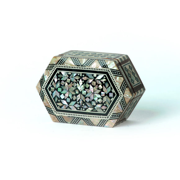 Egyptian Hexagon Wooden Jewelry Box with Mother of Pearl Inlay