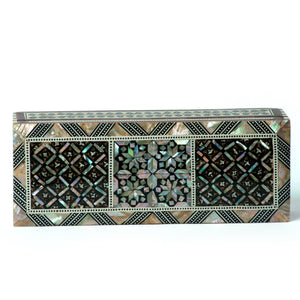 Egyptian Elongated Rectangle Wooden Jewelry Box with Mother of Pearl Inlay 