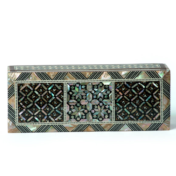 Egyptian Elongated Rectangle Wooden Jewelry Box with Mother of Pearl Inlay 