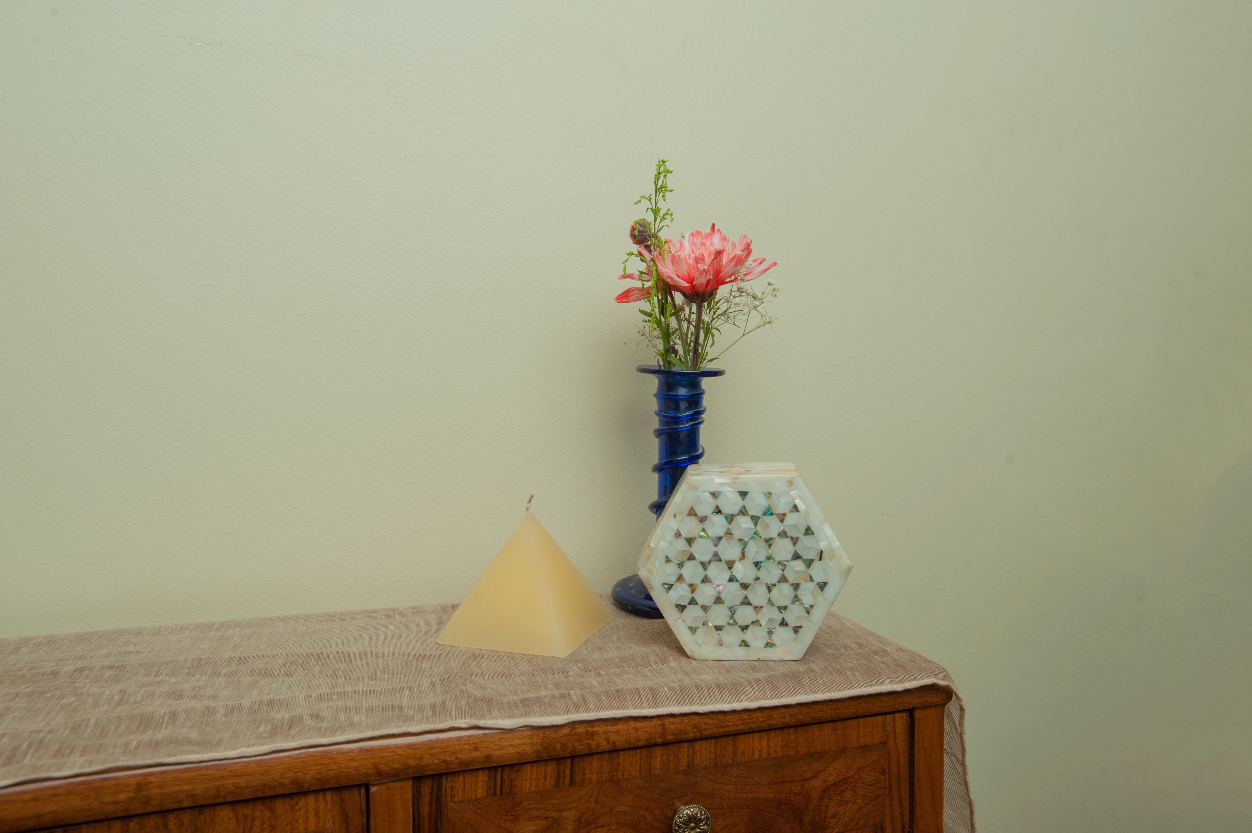 Egyptian White Hexagon Wooden Jewelry Box with Mother of Pearl Inlay