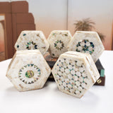 Egyptian White Hexagon Wooden Jewelry Box with Mother of Pearl Inlay