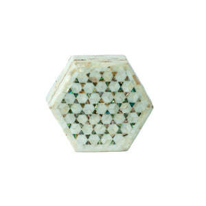 Egyptian White Hexagon Wooden Jewelry Box with Mother of Pearl Inlay