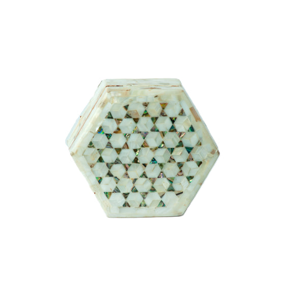 Egyptian White Hexagon Wooden Jewelry Box with Mother of Pearl Inlay