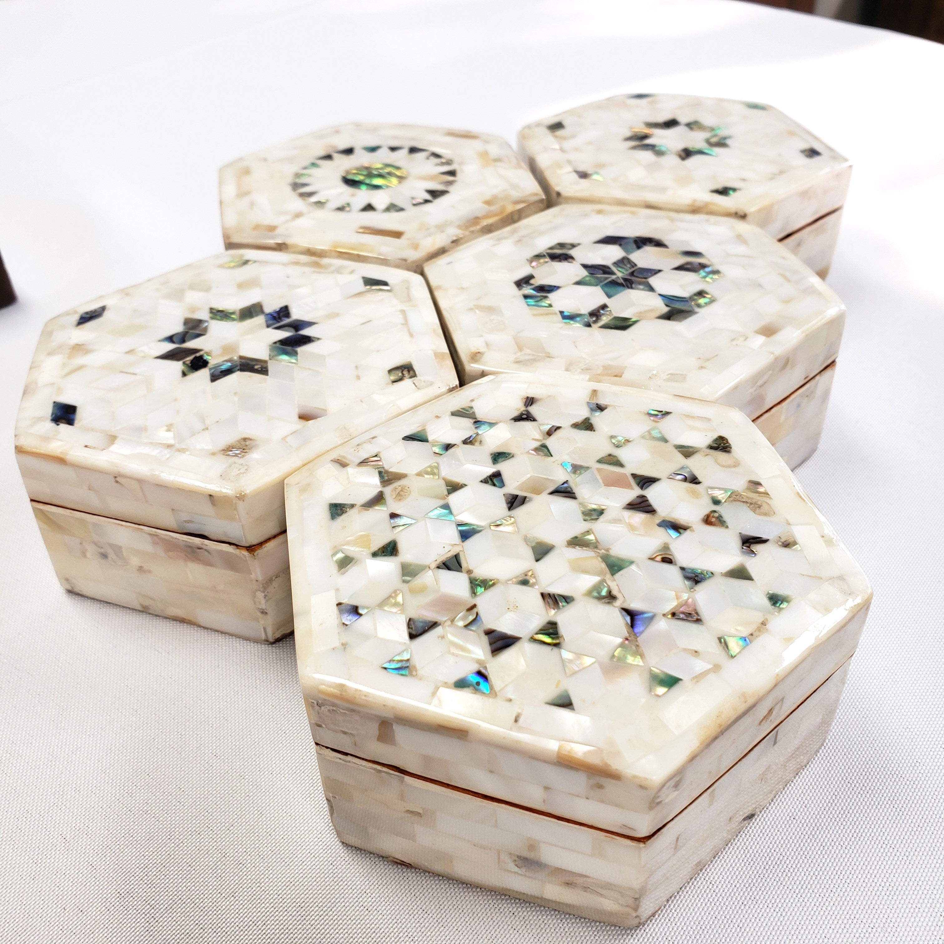 Egyptian White Hexagon Wooden Jewelry Box with Mother of Pearl Inlay