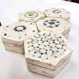 Egyptian White Hexagon Wooden Jewelry Box with Mother of Pearl Inlay