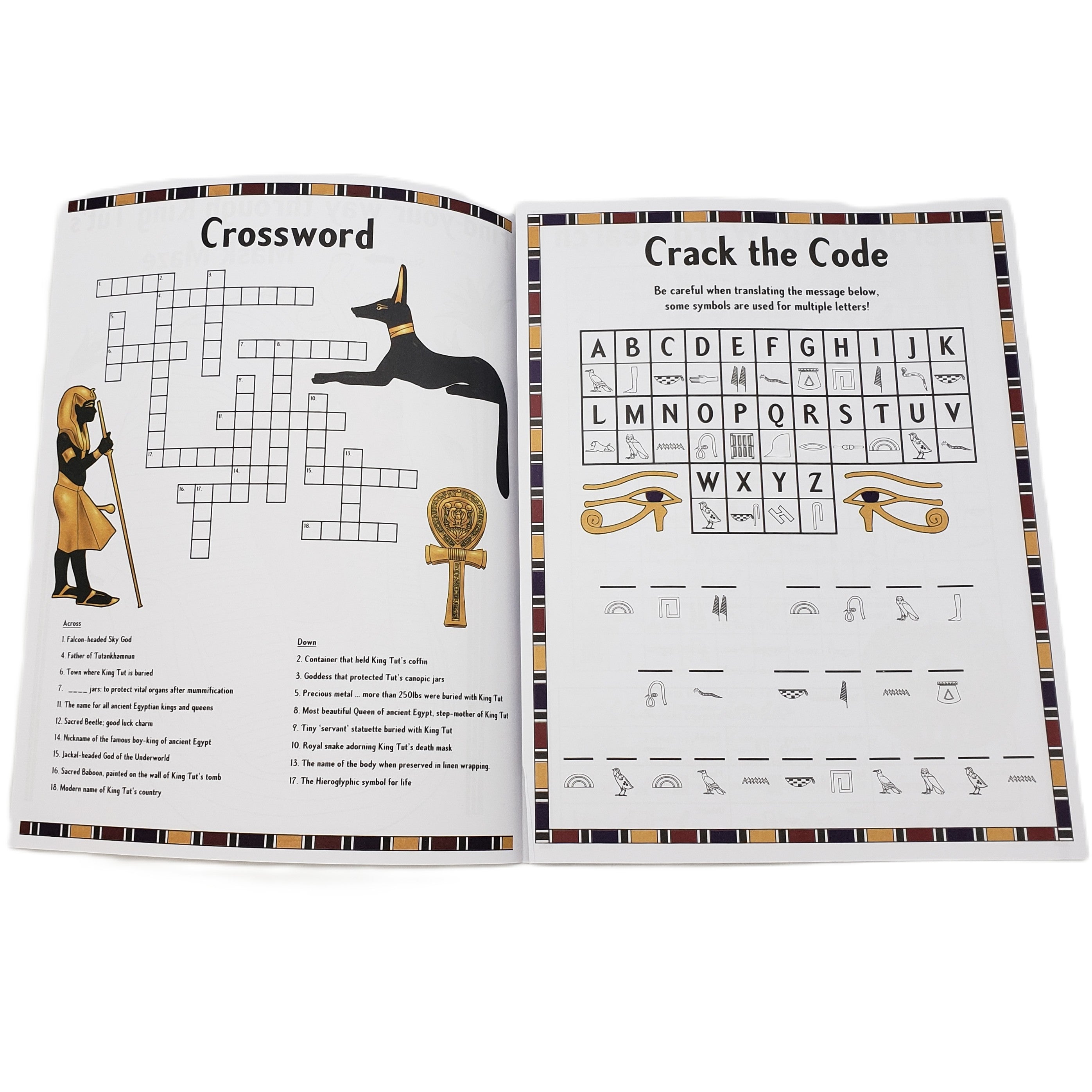 Open book with crossword puzzle and code-breaking activity on Egyptian theme