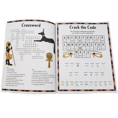 Open book with crossword puzzle and code-breaking activity on Egyptian theme