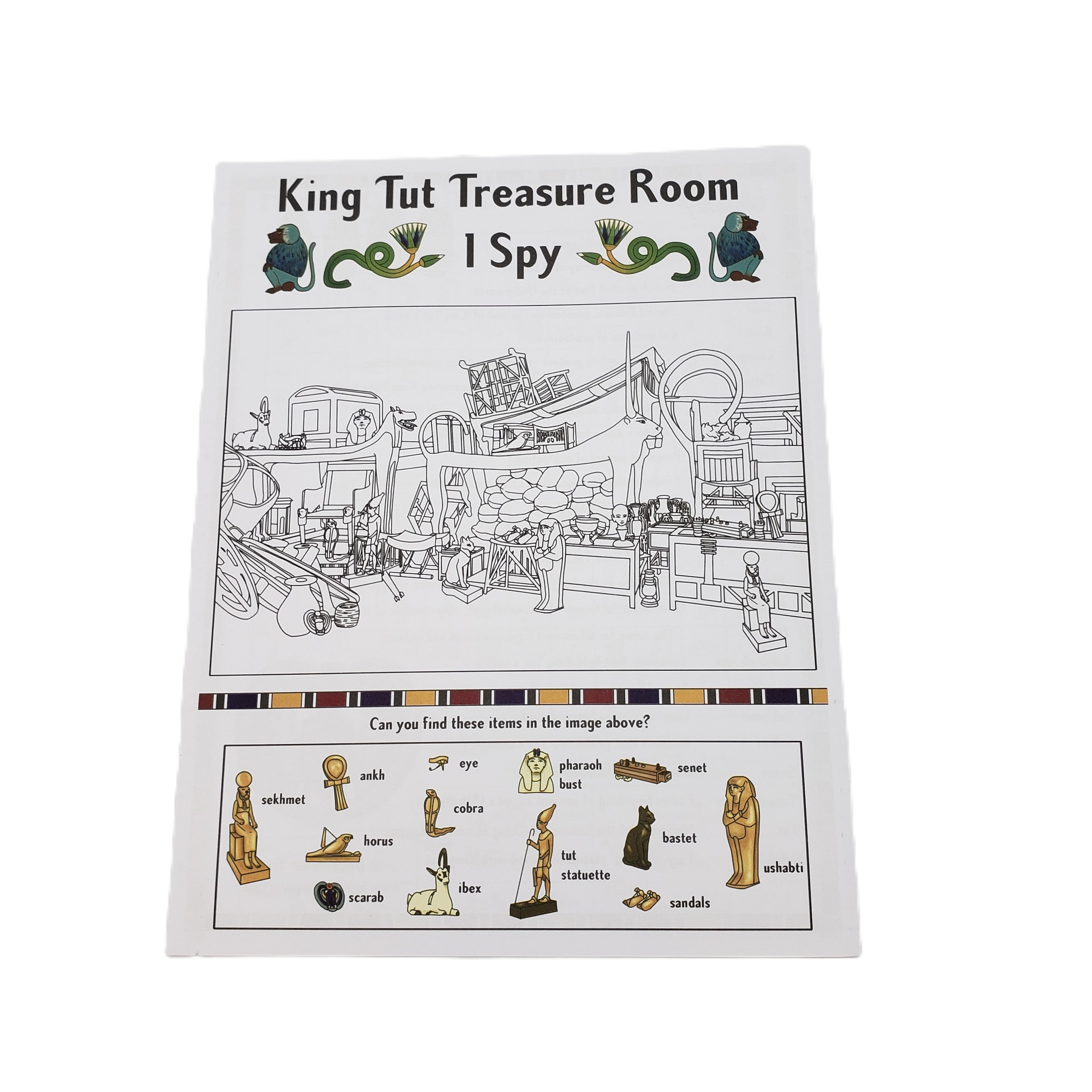 I Spy game sheet titled 'King Tut Treasure Room' with illustrations and hieroglyphs.