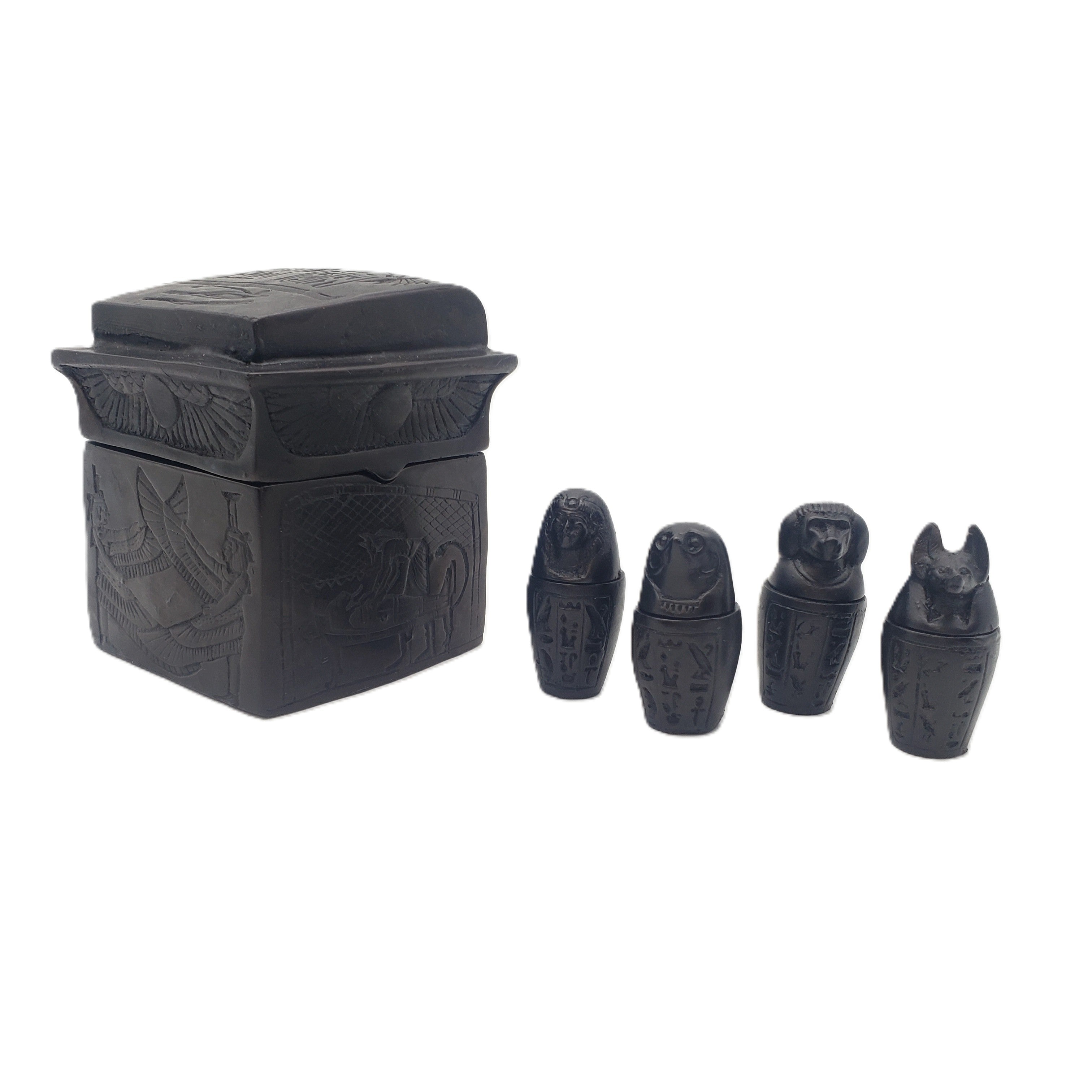Black decorative box with four smaller black figures on a white background
