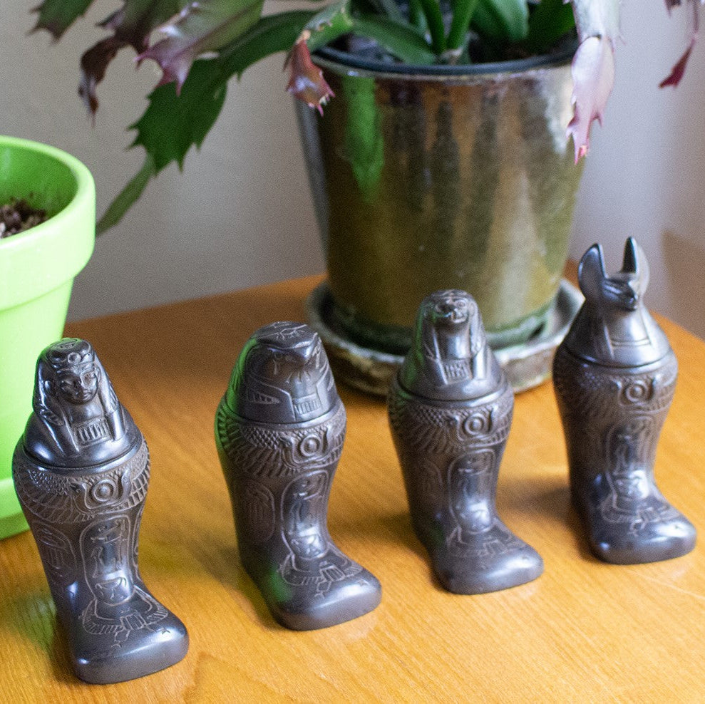 FOOTED CANOPIC JARS BLACK MATTE - SET OF 4 - 4"