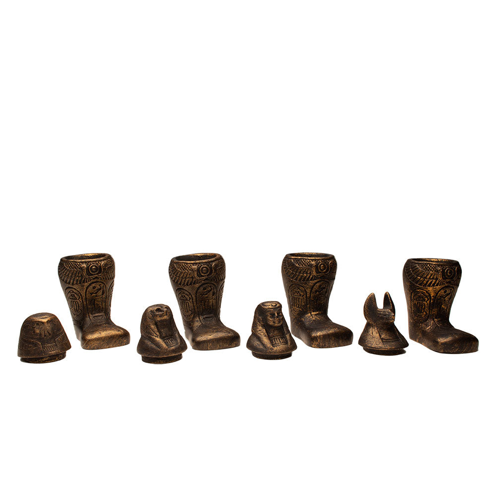 EGYPTIAN FOOTED CANOPIC JAR SET - BRONZE - SET OF 4 - 4" - ANCIENT EGYPT DEITY - SONS OF HORUS