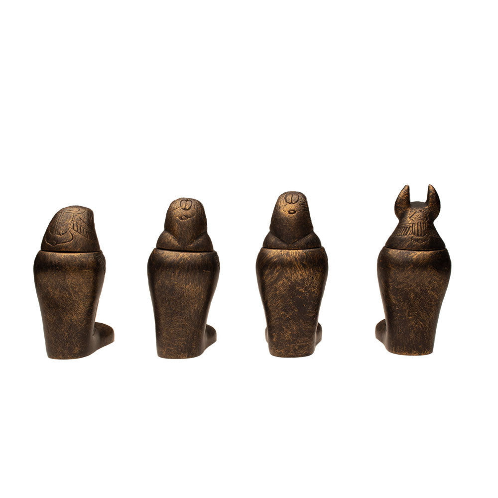 EGYPTIAN FOOTED CANOPIC JAR SET - BRONZE - SET OF 4 - 4" - ANCIENT EGYPT DEITY - SONS OF HORUS