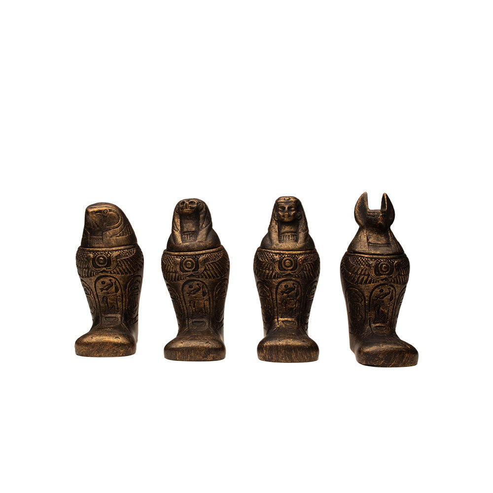EGYPTIAN FOOTED CANOPIC JAR SET - BRONZE - SET OF 4 - 4" - ANCIENT EGYPT DEITY - SONS OF HORUS