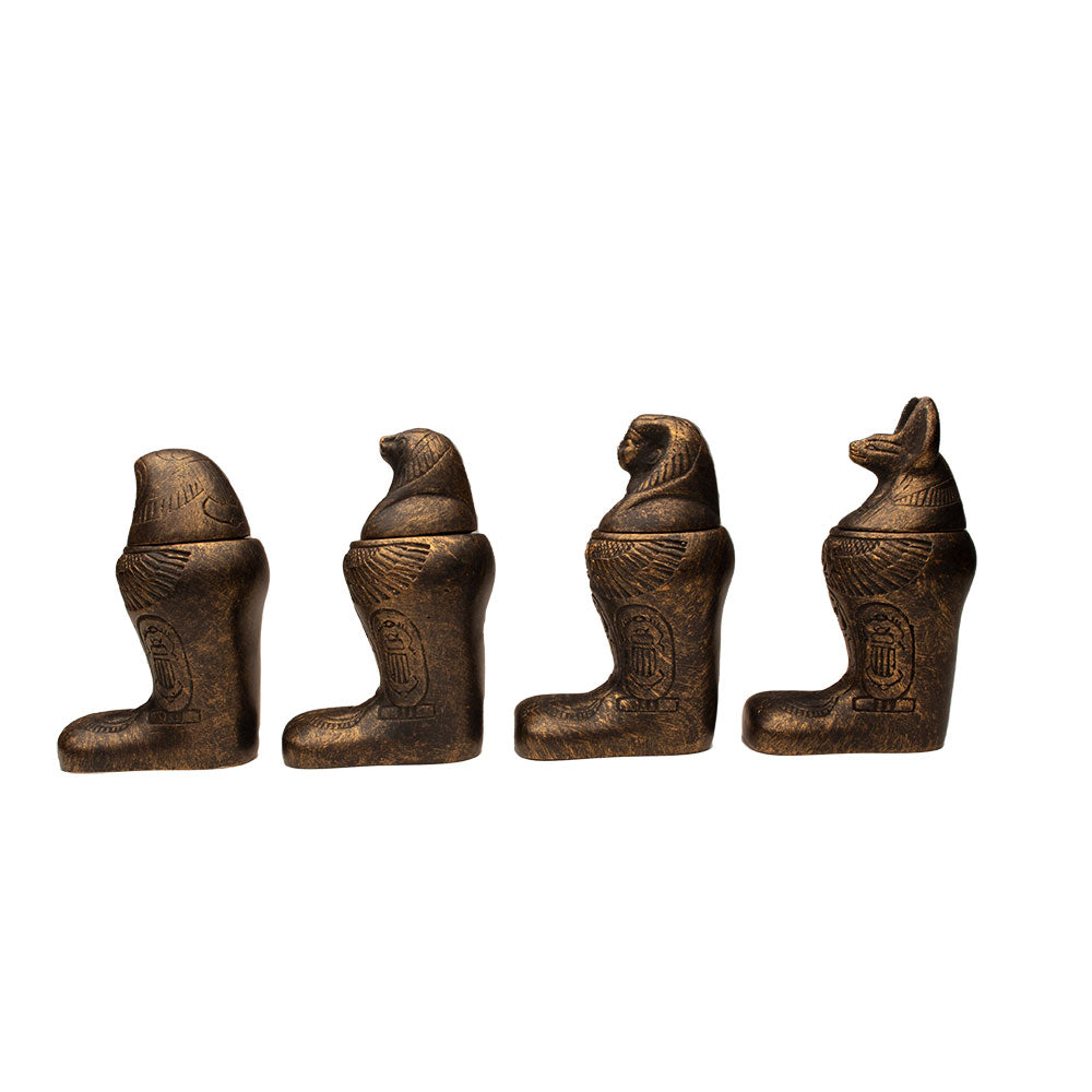 EGYPTIAN FOOTED CANOPIC JAR SET - BRONZE - SET OF 4 - 4" - ANCIENT EGYPT DEITY - SONS OF HORUS