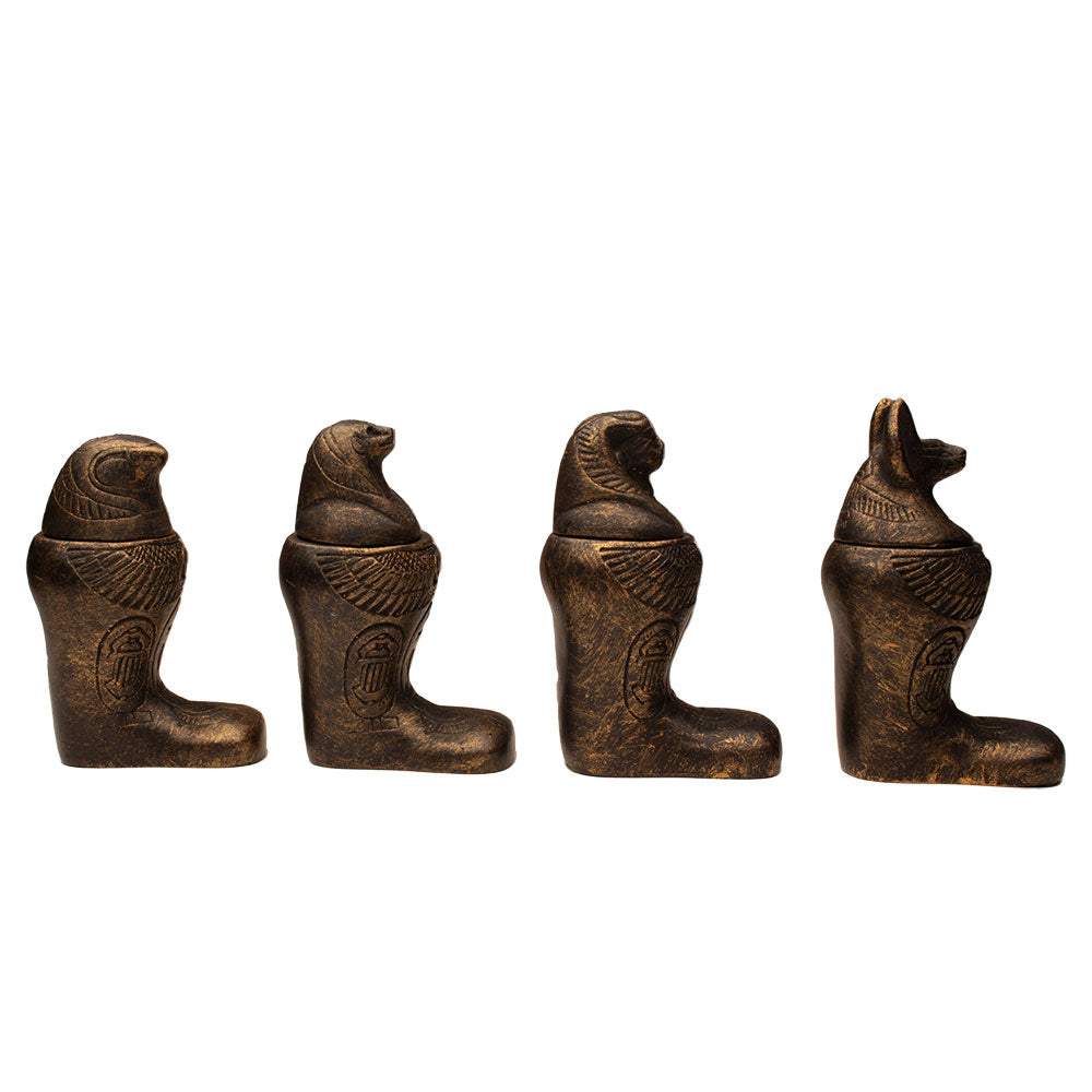 EGYPTIAN FOOTED CANOPIC JAR SET - BRONZE - SET OF 4 - 4" - ANCIENT EGYPT DEITY - SONS OF HORUS
